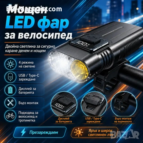 Акумулаторен LED фар за велосипед и тротинетка MACROCOSM с дигитален дисплей, снимка 9 - Аксесоари за велосипеди - 55123827