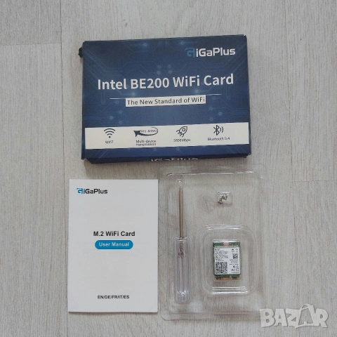 НОВА Wi-Fi 7 + BT 5.4 M.2 Мрежова Карта Intel BE200 GiGaPlus (8774Mbps / 5.8Gbps)