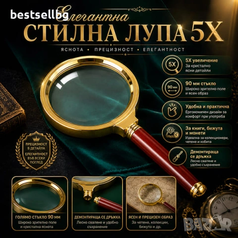 Увеличителна мощна голяма стъклена ръчна лупа 5Х за четене работа деца