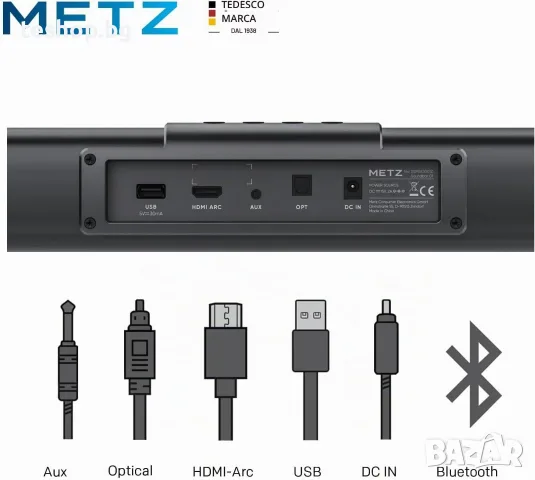 Саундбар Metz 2.0, 60W, USB, HDMI, AUX, оптичен, черен, снимка 5 - Тонколони - 55587247