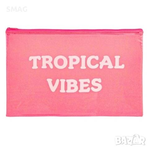 Прозрачен летен несесер розов с брокат TROPICAL VIBES 30x21см_1237020