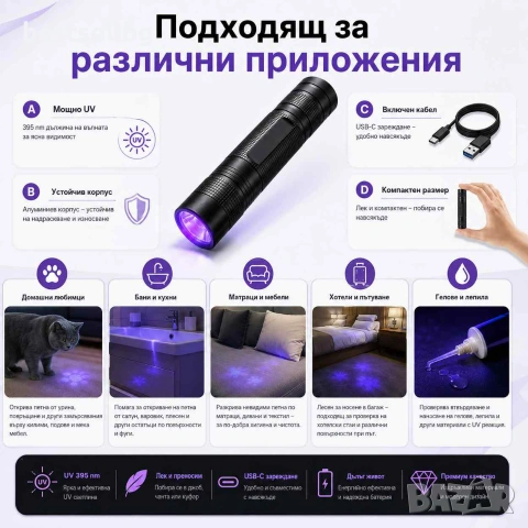 Акумулаторен UV фенер 395nm Type-C ув фенерче за петна от урина домашни любимци и хигиена, снимка 2 - Къмпинг осветление - 55154576