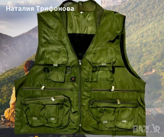 Рибарска жилетка в зелено, размери 2XL/3XL, с много джобове, снимка 3 - Екипировка - 54180147