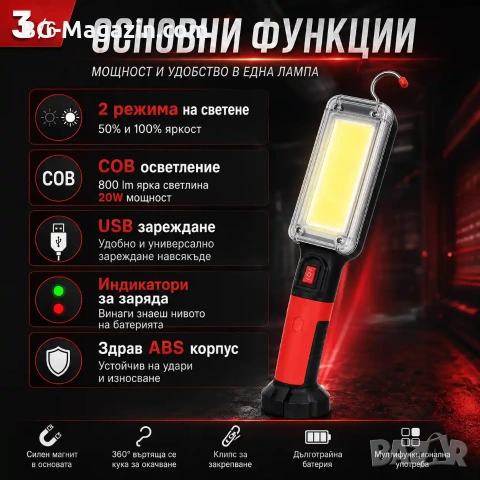 Мощна акумулаторна преносима LED къмпинг лампа осветление фенер с магнит 18650 батерии USB зареждане, снимка 7 - Къмпинг осветление - 51017083
