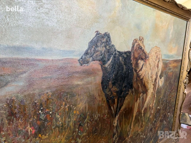 Старинно маслено платно "Руски борзои" – Музеен размер (140х110 см), снимка 11 - Антикварни и старинни предмети - 54930002