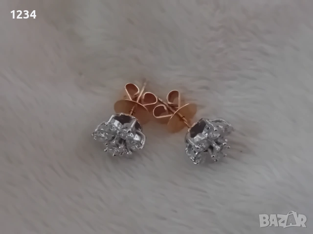 Старинни златни обеци 18 к. цветя с диаманти, снимка 5 - Обеци - 54015099