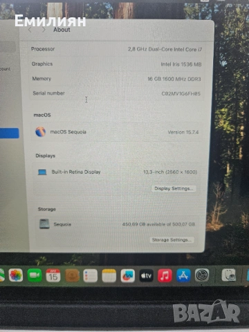 Macbook Pro 13  Retina, Core i7, 16Gb ram, 512Gb SSD, Mac OS Sequoia, добро състояние и батерия, снимка 2 - Лаптопи за дома - 54206776