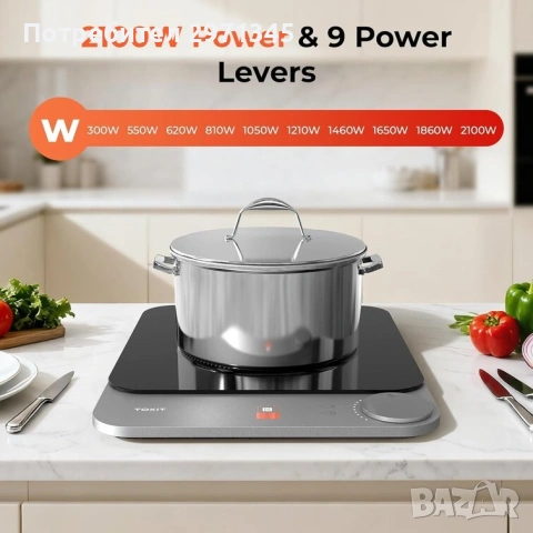 Ново!!! Индукционен котлон TOKIT, Автоматично разпознаване на тиган, 2100W, снимка 3 - Котлони - 54918794