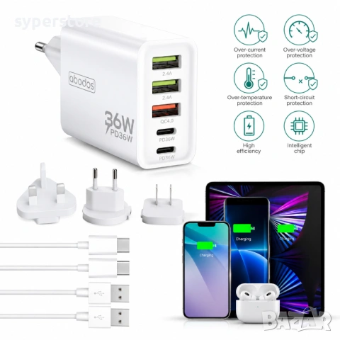 Зарядно 36W многопортово QC4.0 PPS бързо USB-A USB-C SP01415 AS-CS296, 36W обща мощност, снимка 2 - Оригинални зарядни - 54938913