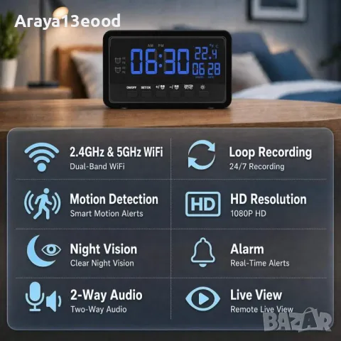 WiFi дигитален часовник със скрита камера 1080P – Tuya Smart, снимка 2 - Други - 55615436