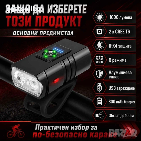 Мощен акумулаторен LED фар за колело 1000 lm с 2 CREE T6 диода и USB зареждане, снимка 6 - Аксесоари за велосипеди - 29262897