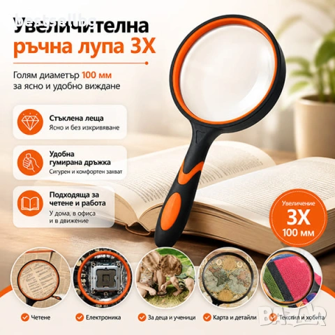 Увеличителна мощна голяма ръчна лупа за четене работа деца стъклена
