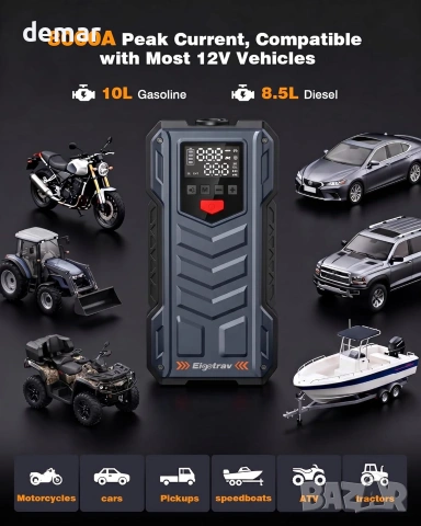 ЕвоТрав (Eigotrav) преносим джъмп стартер / jump starter 12000 mAh с LED SOS и въздушен компресор, снимка 3 - Аксесоари и консумативи - 55219634