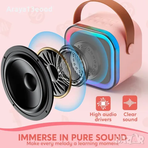 SYNCFUN Мини караоке машина с 2 безжични микрофона – Bluetooth високоговорител с LED светлини, снимка 2 - Музикални играчки - 55574873