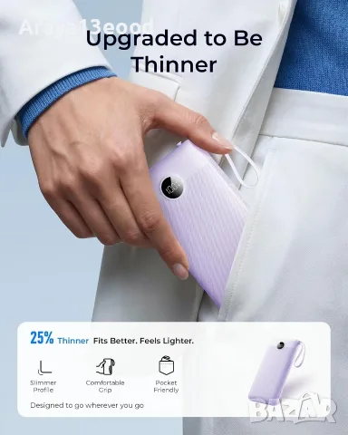 VRURC Power Bank 20 000 mAh с вградени кабели и бързо зареждане 22,5W – Лилав, снимка 4 - Външни батерии - 55615619