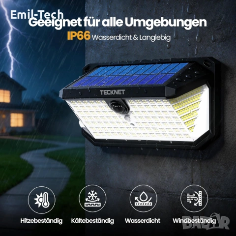 2 соларни LED лампи TECKNET – 546 LED + подарък 495 LED, датчик, IP66, снимка 4 - Лед осветление - 54592408