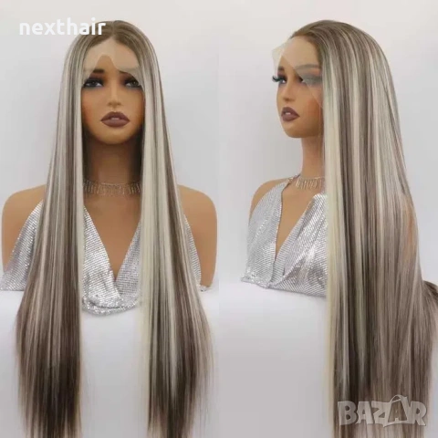 Лейс фронт перука 80 см русо-кафяв микс - синтетична 13х4 Lace Front, снимка 4 - Аксесоари за коса - 55049717