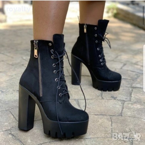 Боти на ток - черен велур с черно ходило, снимка 7 - Дамски боти - 54159687