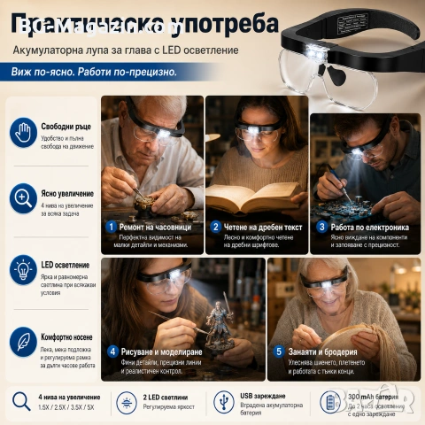 Акумулаторна увеличителна лупа за глава LED осветление очила за четене гоблени бродерия шиене мощна, снимка 3 - Други инструменти - 50919331