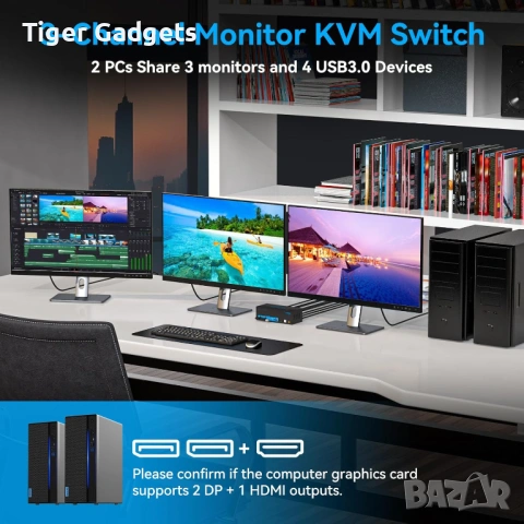 VPFET VP-SW232 8K KVM Switch за 2 компютъра и 3 монитора – HDMI 2.1 + DisplayPort 1.4, USB 3.0, снимка 5 - Друга електроника - 54517337