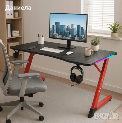 Геймърско бюро с RGB LED подсветка, карбонов плот и стоманена Z-конструкция, 120 см, черно/червено, снимка 6 - Бюра - 54696842