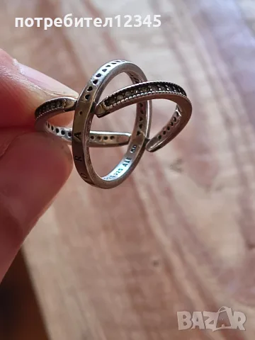 Оригинален сребърен пръстен Pandora Signature Logo Pavé & Beads – размер 50, снимка 3 - Пръстени - 55603096