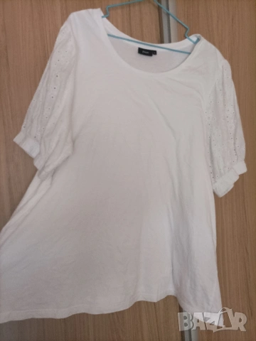 Макси бяла, памучна тениска с бродирани ръкави , снимка 3 - Тениски - 54308905