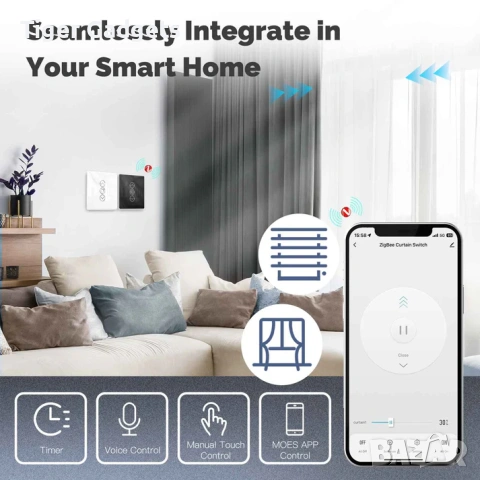 MOES Zigbee Smart Curtain Switch – смарт ключ за електрически завеси и щори с RF433 и стъклен touch , снимка 2 - Друга електроника - 54520165