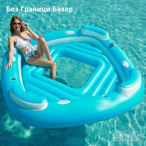 Нов Надуваем плаващ остров XL със облегалки и поставки за чаши за басейн и море 4 възрастни, снимка 6 - Басейни и аксесоари - 54457030