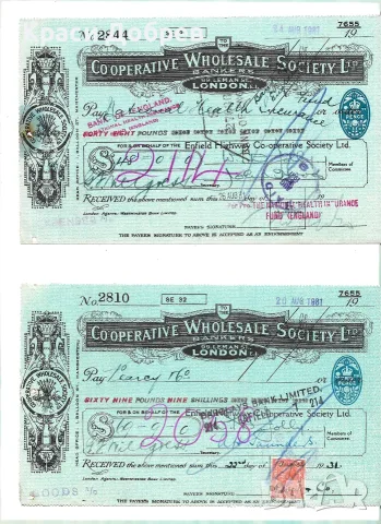 Лот от 11 бр. оригинални британски банкови чека и разписки от 1931-1932 г. (Пълен комплект / Ефемера
