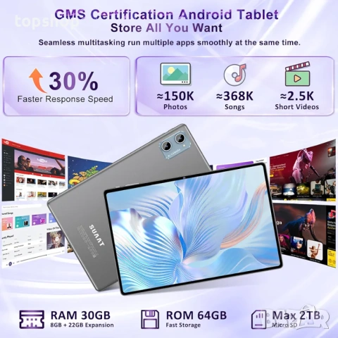 Чисто нов запечатан таблет SUAAT S3 10 инча – Android 15, 30GB RAM, 64GB, Комплект с клавиатура и..., снимка 3 - Таблети - 54766278