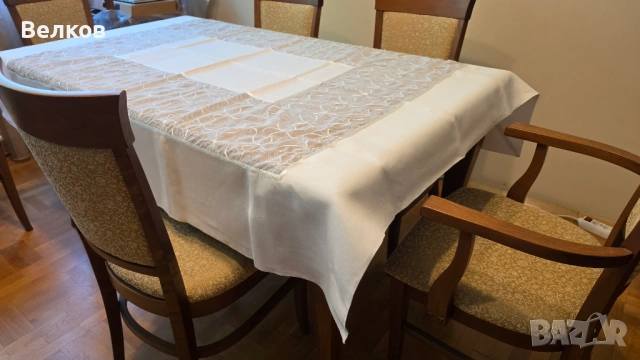 Покривка за маса + 6 салфетки - луксозен комплект за маса от лен и органза, снимка 7 - Покривки за маси - 54671792