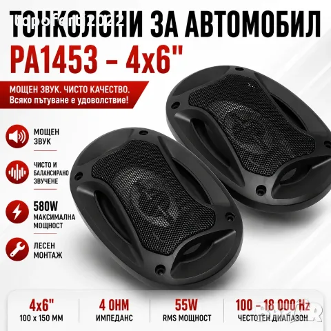 Ултрамощни автомобилни тонколони PA1453 4×6″ – 580 W чист и плътен звук за всяко пътуване