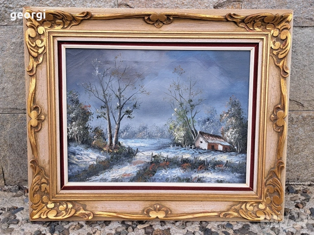 авторска картина зимен пейзаж маслени бои върху платно с красива дървена рамка 