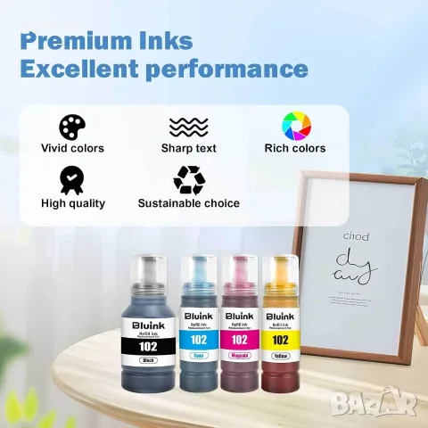 Комплект мастила съвместими с Epson 102 – 5 броя за EcoTank принтери – Black, Cyan, Magenta, Yellow, снимка 2 - Консумативи за принтери - 55499122