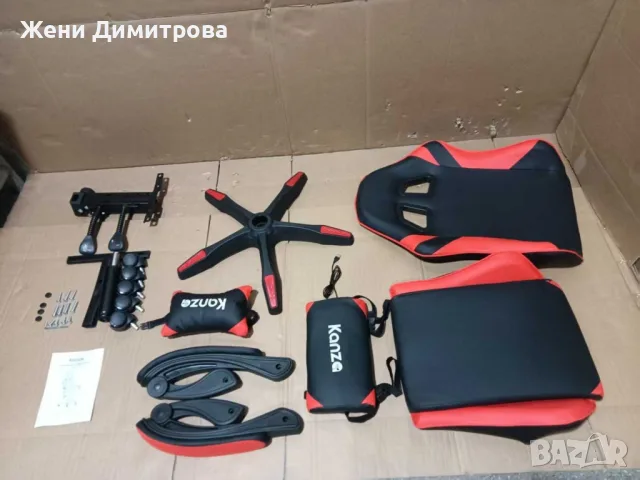 Удобен геймърски стол с поставка за крака и масажна лумбална възглавница - Черно-червен, снимка 2 - Столове - 55474648