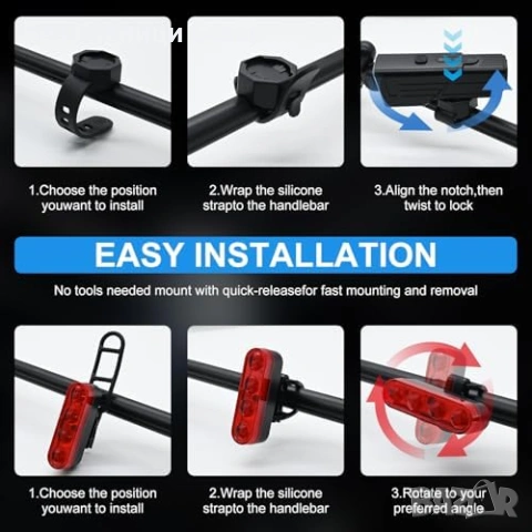 Нов фар Велосипедни LED светлини предна задна 230° 2200mAh USB заряд, снимка 6 - Аксесоари за велосипеди - 53970337
