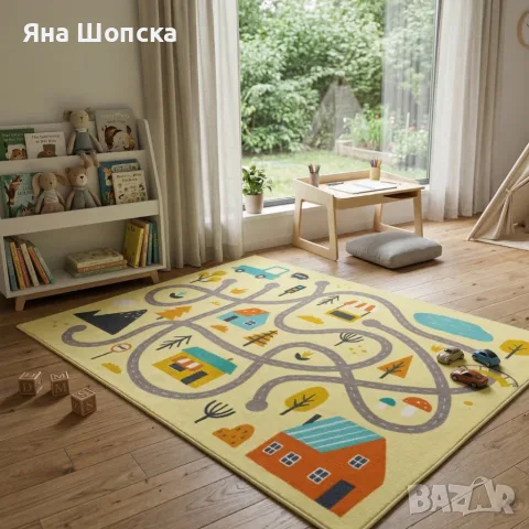 Детски килим за игра 120х160см - Светложълт килим с цветни къщички, противоплъзгащ и миещ се, снимка 4 - Килими - 55497169