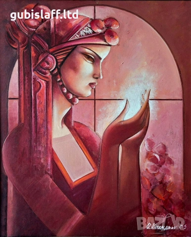 Картина, момиче в червено, худ. Огнян Кузманов, 2006 г., снимка 2 - Картини - 54413897