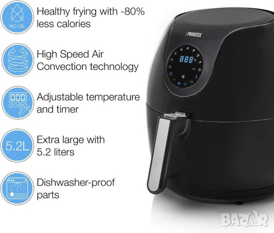 Чисто нов! Уред за здравословно готвене Princess, 5.2л., 1700W, Черен, снимка 2 - Фритюрници - 54940590