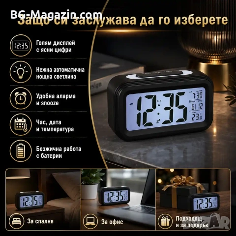 Настолен LED дигитален часовник с термометър аларма постоянно светещ в тъмното на батериии, снимка 3 - Други - 51040067