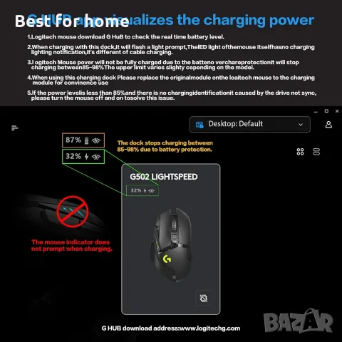 Зарядна станция G-Power за безжична мишка Logitech G502 G502X Plus GPW G903 G703 с RGB осветление, снимка 2 - Клавиатури и мишки - 55474551