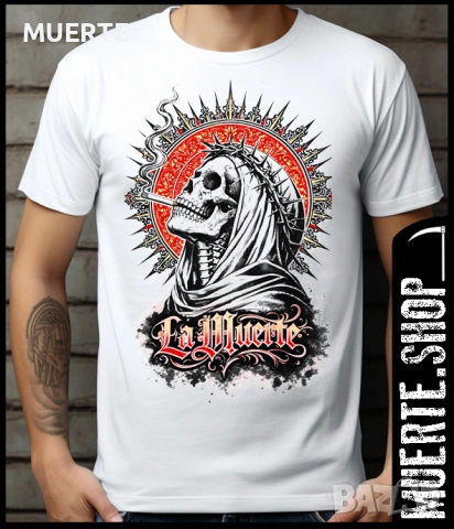 Черна тениска LA MUERTE HOLY SMOKE с дизайн на череп с ореол и цигара.