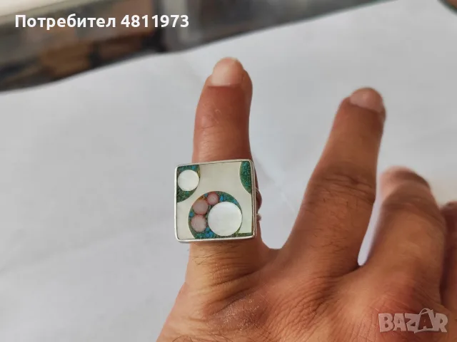 Сребърен пръстен със седеф и тюркоаз 950, снимка 4 - Пръстени - 55558054