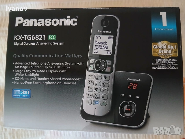 Стационарен безжичен телефон Panasonic KX-TG6821 с телефонен секретар (Пълен комплект с кутия)