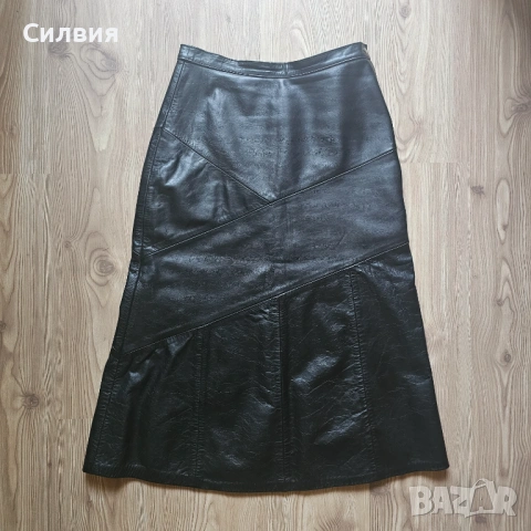 Дълга черна лъскава кожена пола от истинска естествена кожа, размер L