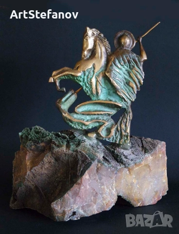 Свети Георги, скулптура, бронз върху основа яспис , снимка 2 - Статуетки - 53338125