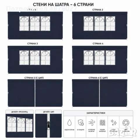 Градинска шатра 3x6 м водоустойчива - Парти палатка с 6 странични панела, прозорци и UV защита - тъм, снимка 2 - Градински мебели, декорация  - 55306478