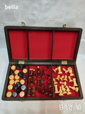 Ръчно изработен комплект шах и дама от дърво