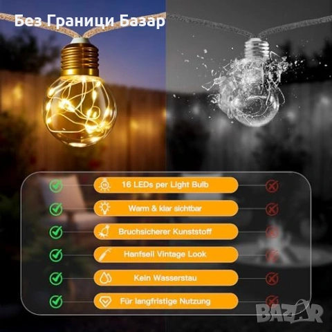 Нови Декоративни соларни лампички за градина балкон тераса 8 метра 16 G50 крушки USB дистанционно, снимка 4 - Соларни лампи - 54100271